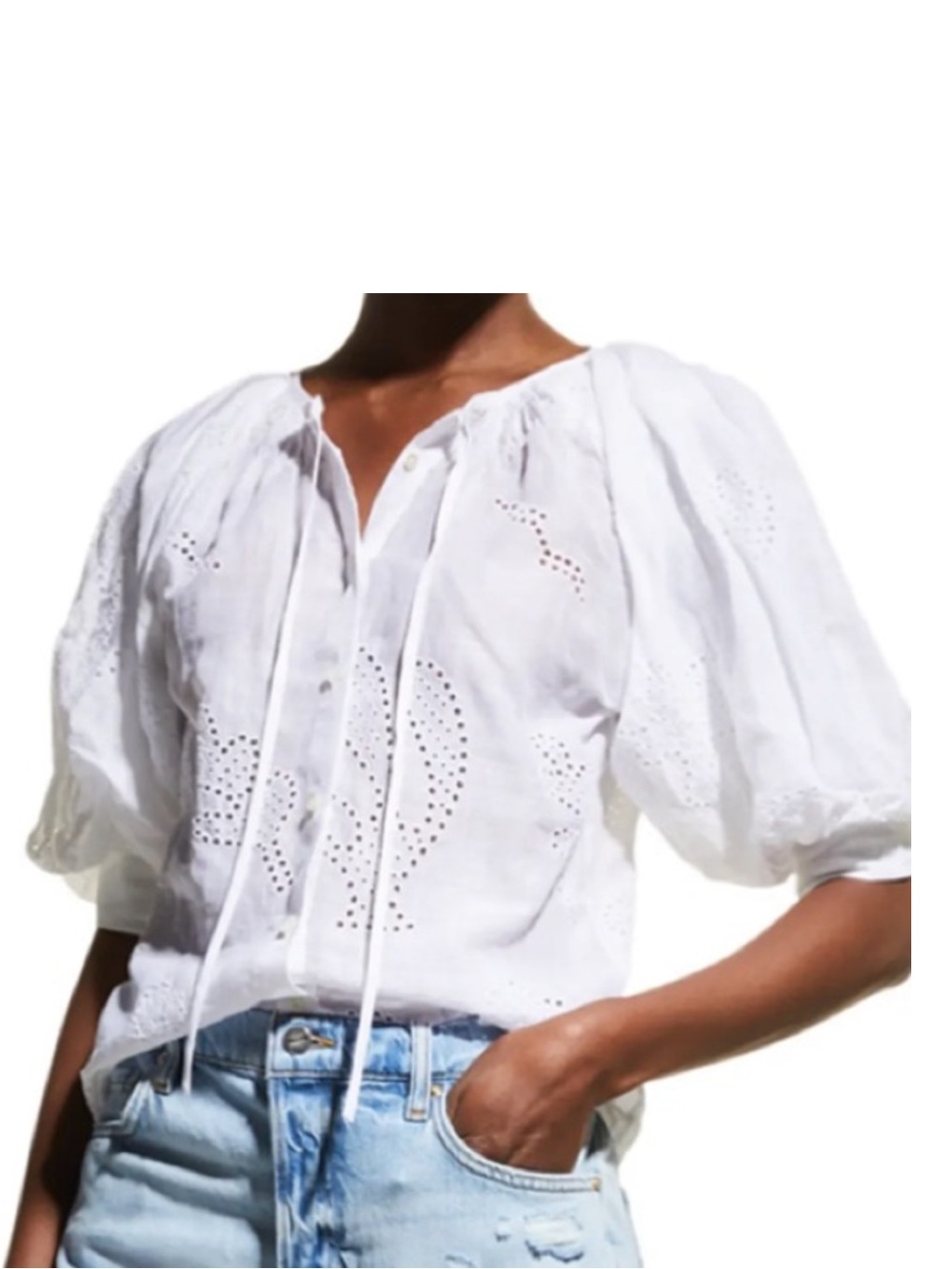 FRAME White Eyelet Puff Sleeve Shirt, XS